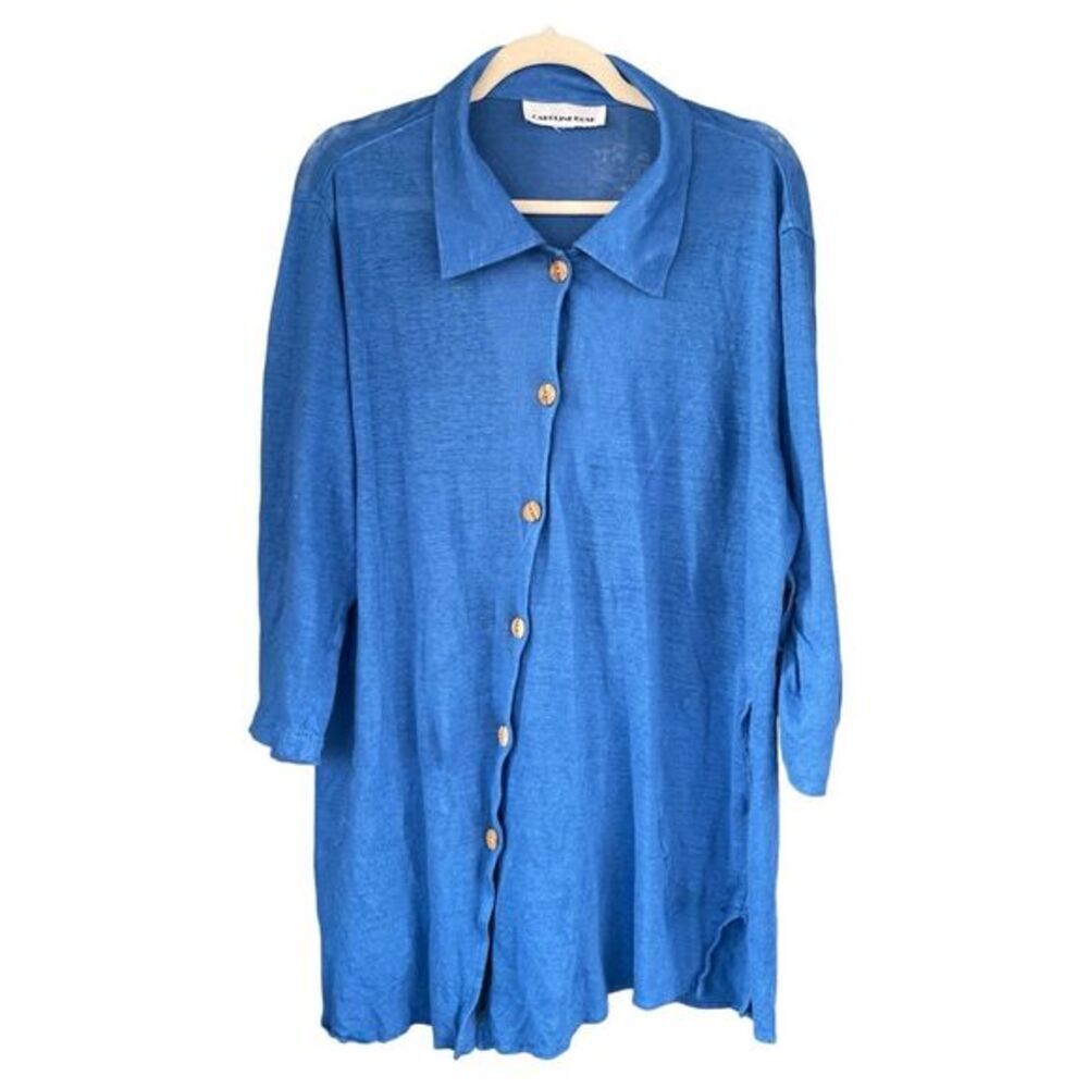 B7 Caroline Rose Button‎ Up Linen Tunic Blouse Blue XL